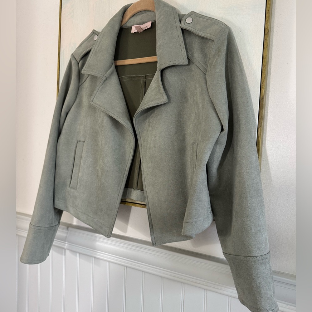 PHILOSOPHY Biker Jacket Gray Green Faux Suede Zip Front w/ Pockets Size - Picture 2 of 8